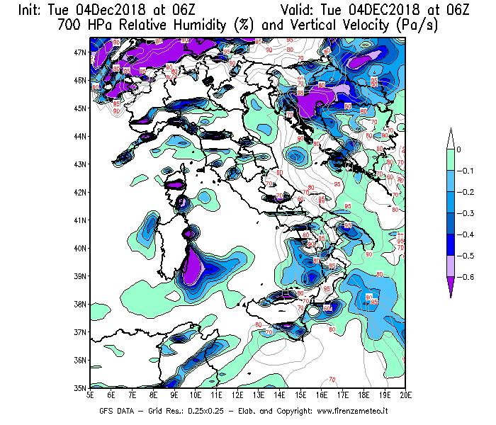 Mappa di analisi GFS - Umidità relativa [%] e Omega [Pa/s] a 700 hPa in Italia
							del 04/12/2018 06 <!--googleoff: index-->UTC<!--googleon: index-->