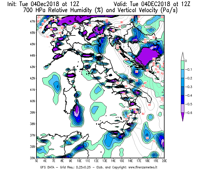 Mappa di analisi GFS - Umidità relativa [%] e Omega [Pa/s] a 700 hPa in Italia
							del 04/12/2018 12 <!--googleoff: index-->UTC<!--googleon: index-->