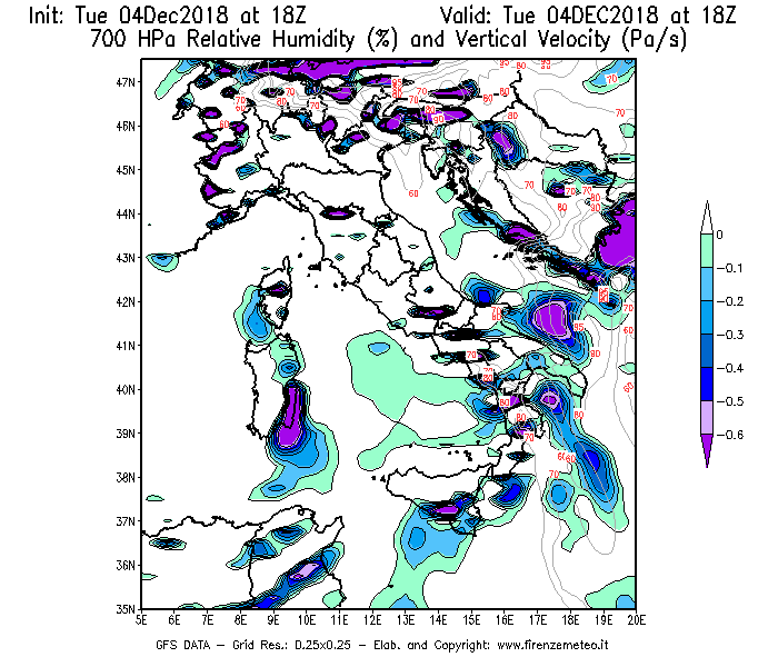 Mappa di analisi GFS - Umidità relativa [%] e Omega [Pa/s] a 700 hPa in Italia
							del 04/12/2018 18 <!--googleoff: index-->UTC<!--googleon: index-->
