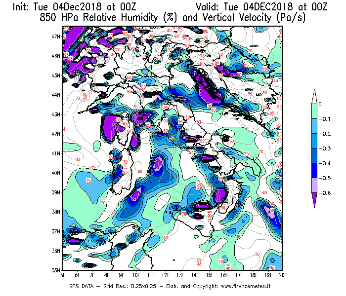 Mappa di analisi GFS - Umidità relativa [%] e Omega [Pa/s] a 850 hPa in Italia
							del 04/12/2018 00 <!--googleoff: index-->UTC<!--googleon: index-->