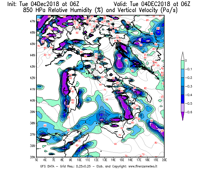Mappa di analisi GFS - Umidità relativa [%] e Omega [Pa/s] a 850 hPa in Italia
							del 04/12/2018 06 <!--googleoff: index-->UTC<!--googleon: index-->