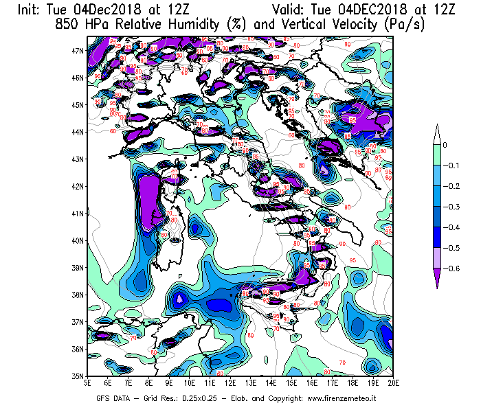 Mappa di analisi GFS - Umidità relativa [%] e Omega [Pa/s] a 850 hPa in Italia
							del 04/12/2018 12 <!--googleoff: index-->UTC<!--googleon: index-->