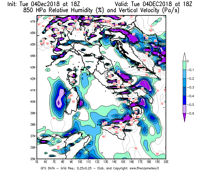 Mappa di analisi GFS - Umidità relativa [%] e Omega [Pa/s] a 850 hPa in Italia
							del 04/12/2018 18 <!--googleoff: index-->UTC<!--googleon: index-->