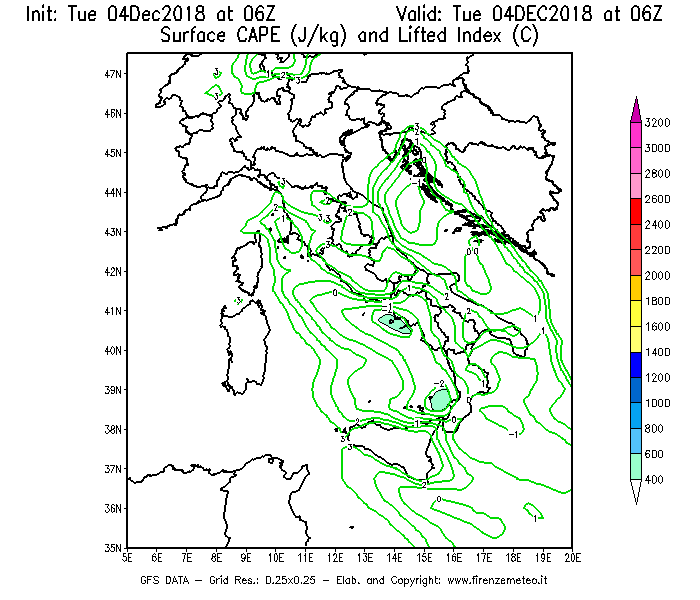 Mappa di analisi GFS - CAPE [J/kg] e Lifted Index [°C] in Italia
							del 04/12/2018 06 <!--googleoff: index-->UTC<!--googleon: index-->