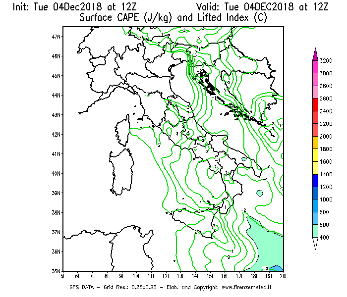 Mappa di analisi GFS - CAPE [J/kg] e Lifted Index [°C] in Italia
							del 04/12/2018 12 <!--googleoff: index-->UTC<!--googleon: index-->