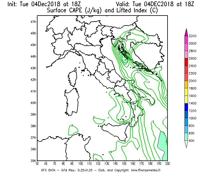 Mappa di analisi GFS - CAPE [J/kg] e Lifted Index [°C] in Italia
							del 04/12/2018 18 <!--googleoff: index-->UTC<!--googleon: index-->