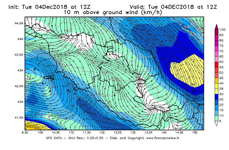 Mappa di analisi GFS - Velocità del vento a 10 metri dal suolo [km/h] in Centro-Italia
							del 04/12/2018 12 <!--googleoff: index-->UTC<!--googleon: index-->