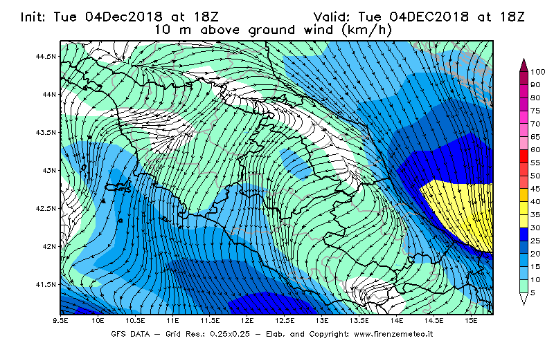 Mappa di analisi GFS - Velocità del vento a 10 metri dal suolo [km/h] in Centro-Italia
							del 04/12/2018 18 <!--googleoff: index-->UTC<!--googleon: index-->