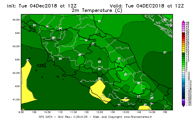 Mappa di analisi GFS - Temperatura a 2 metri dal suolo [°C] in Centro-Italia
							del 04/12/2018 12 <!--googleoff: index-->UTC<!--googleon: index-->