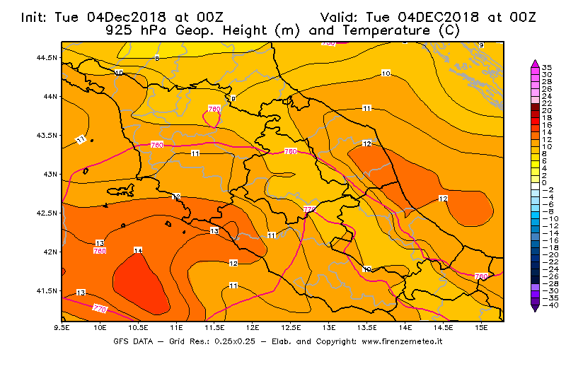 Mappa di analisi GFS - Geopotenziale [m] e Temperatura [°C] a 925 hPa in Centro-Italia
							del 04/12/2018 00 <!--googleoff: index-->UTC<!--googleon: index-->