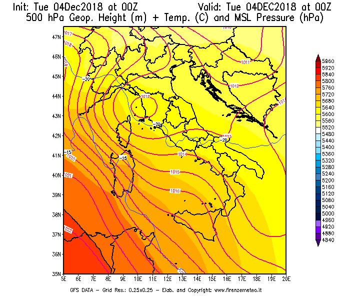 Mappa di analisi GFS - Geopotenziale [m] + Temp. [°C] a 500 hPa + Press. a livello del mare [hPa] in Italia
							del 04/12/2018 00 <!--googleoff: index-->UTC<!--googleon: index-->