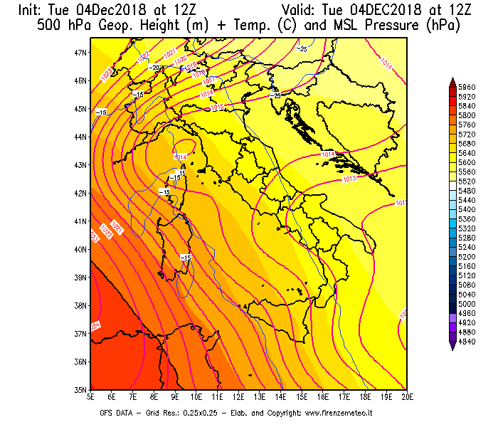 Mappa di analisi GFS - Geopotenziale [m] + Temp. [°C] a 500 hPa + Press. a livello del mare [hPa] in Italia
							del 04/12/2018 12 <!--googleoff: index-->UTC<!--googleon: index-->