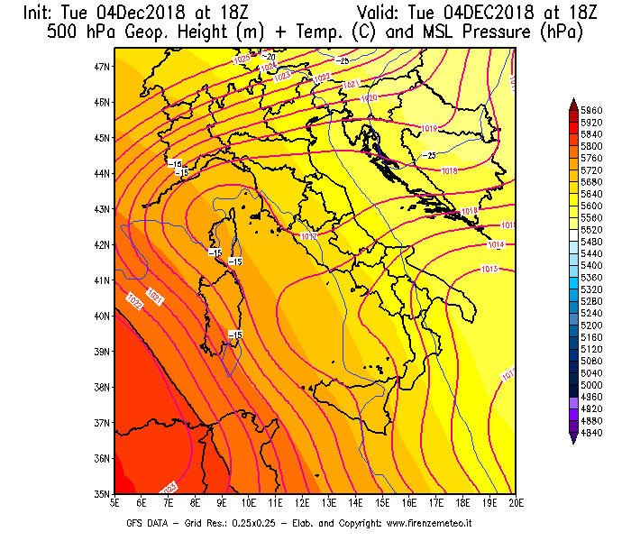 Mappa di analisi GFS - Geopotenziale [m] + Temp. [°C] a 500 hPa + Press. a livello del mare [hPa] in Italia
							del 04/12/2018 18 <!--googleoff: index-->UTC<!--googleon: index-->