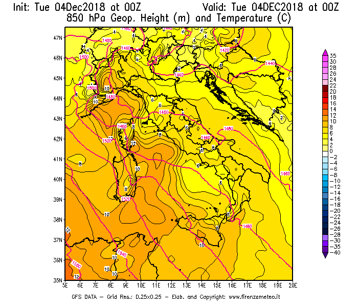 Mappa di analisi GFS - Geopotenziale [m] e Temperatura [°C] a 850 hPa in Italia
							del 04/12/2018 00 <!--googleoff: index-->UTC<!--googleon: index-->