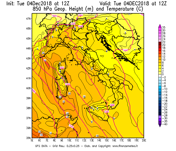 Mappa di analisi GFS - Geopotenziale [m] e Temperatura [°C] a 850 hPa in Italia
							del 04/12/2018 12 <!--googleoff: index-->UTC<!--googleon: index-->