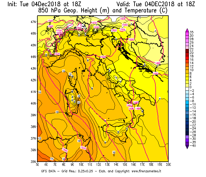 Mappa di analisi GFS - Geopotenziale [m] e Temperatura [°C] a 850 hPa in Italia
							del 04/12/2018 18 <!--googleoff: index-->UTC<!--googleon: index-->