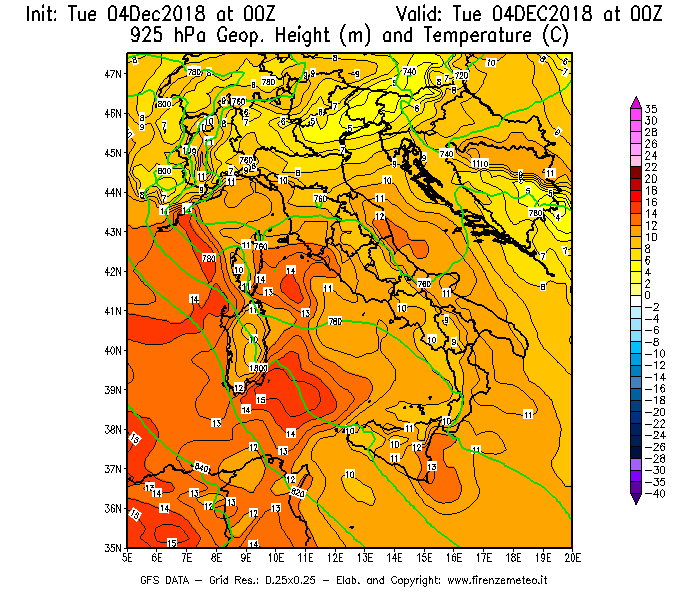 Mappa di analisi GFS - Geopotenziale [m] e Temperatura [°C] a 925 hPa in Italia
							del 04/12/2018 00 <!--googleoff: index-->UTC<!--googleon: index-->