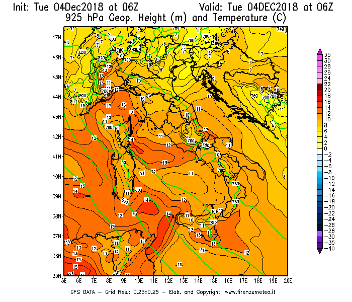 Mappa di analisi GFS - Geopotenziale [m] e Temperatura [°C] a 925 hPa in Italia
							del 04/12/2018 06 <!--googleoff: index-->UTC<!--googleon: index-->