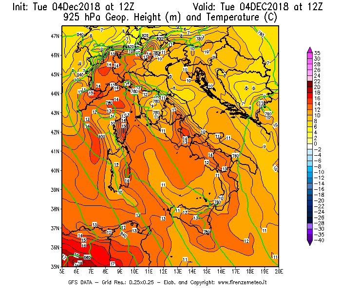 Mappa di analisi GFS - Geopotenziale [m] e Temperatura [°C] a 925 hPa in Italia
							del 04/12/2018 12 <!--googleoff: index-->UTC<!--googleon: index-->
