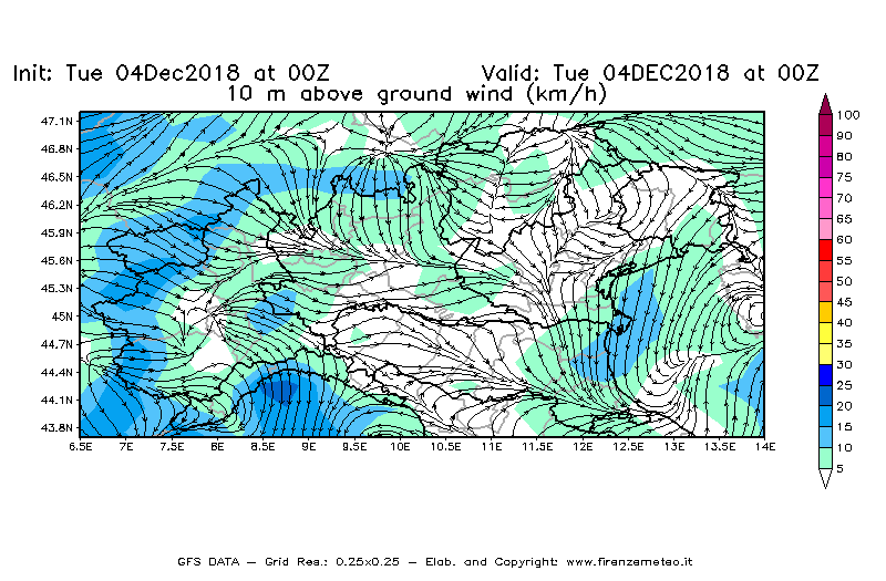 Mappa di analisi GFS - Velocità del vento a 10 metri dal suolo [km/h] in Nord-Italia
							del 04/12/2018 00 <!--googleoff: index-->UTC<!--googleon: index-->