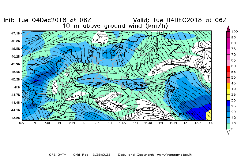 Mappa di analisi GFS - Velocità del vento a 10 metri dal suolo [km/h] in Nord-Italia
							del 04/12/2018 06 <!--googleoff: index-->UTC<!--googleon: index-->