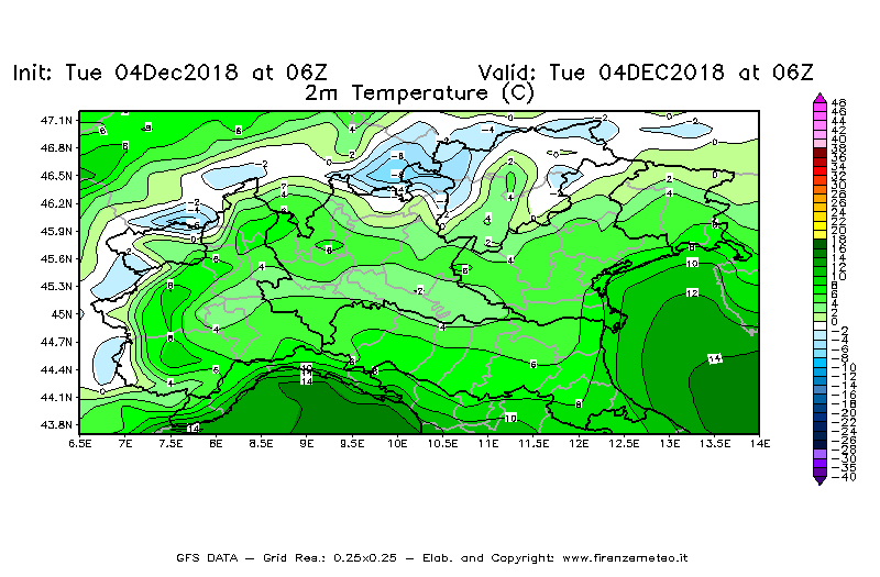 Mappa di analisi GFS - Temperatura a 2 metri dal suolo [°C] in Nord-Italia
							del 04/12/2018 06 <!--googleoff: index-->UTC<!--googleon: index-->