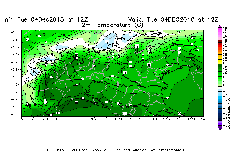 Mappa di analisi GFS - Temperatura a 2 metri dal suolo [°C] in Nord-Italia
							del 04/12/2018 12 <!--googleoff: index-->UTC<!--googleon: index-->