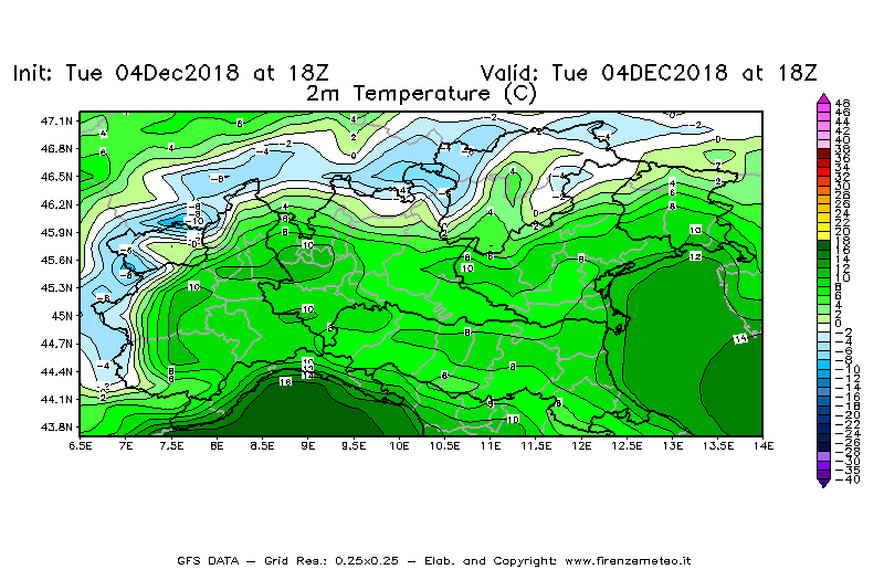 Mappa di analisi GFS - Temperatura a 2 metri dal suolo [°C] in Nord-Italia
							del 04/12/2018 18 <!--googleoff: index-->UTC<!--googleon: index-->