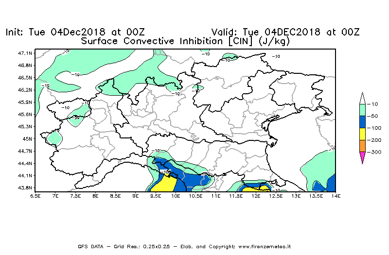 Mappa di analisi GFS - CIN [J/kg] in Nord-Italia
							del 04/12/2018 00 <!--googleoff: index-->UTC<!--googleon: index-->