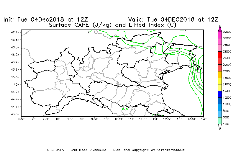 Mappa di analisi GFS - CAPE [J/kg] e Lifted Index [°C] in Nord-Italia
							del 04/12/2018 12 <!--googleoff: index-->UTC<!--googleon: index-->