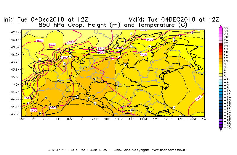 Mappa di analisi GFS - Geopotenziale [m] e Temperatura [°C] a 850 hPa in Nord-Italia
							del 04/12/2018 12 <!--googleoff: index-->UTC<!--googleon: index-->