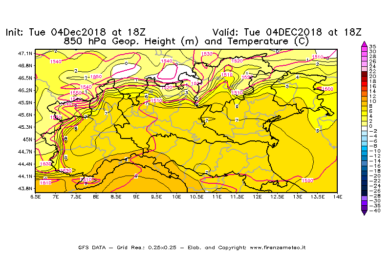 Mappa di analisi GFS - Geopotenziale [m] e Temperatura [°C] a 850 hPa in Nord-Italia
							del 04/12/2018 18 <!--googleoff: index-->UTC<!--googleon: index-->