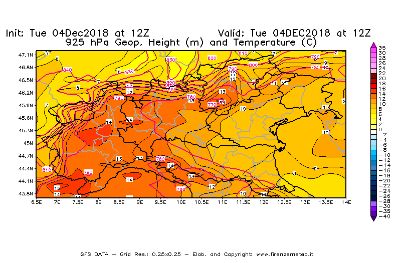 Mappa di analisi GFS - Geopotenziale [m] e Temperatura [°C] a 925 hPa in Nord-Italia
							del 04/12/2018 12 <!--googleoff: index-->UTC<!--googleon: index-->