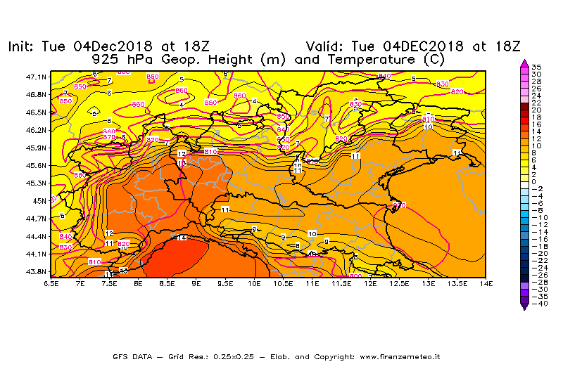 Mappa di analisi GFS - Geopotenziale [m] e Temperatura [°C] a 925 hPa in Nord-Italia
							del 04/12/2018 18 <!--googleoff: index-->UTC<!--googleon: index-->