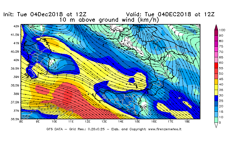 Mappa di analisi GFS - Velocità del vento a 10 metri dal suolo [km/h] in Sud-Italia
							del 04/12/2018 12 <!--googleoff: index-->UTC<!--googleon: index-->