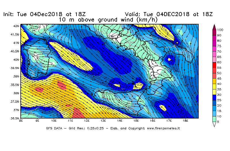 Mappa di analisi GFS - Velocità del vento a 10 metri dal suolo [km/h] in Sud-Italia
							del 04/12/2018 18 <!--googleoff: index-->UTC<!--googleon: index-->