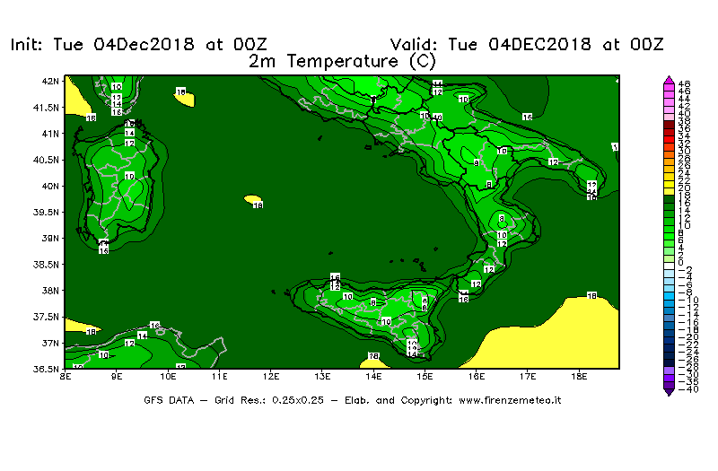 Mappa di analisi GFS - Temperatura a 2 metri dal suolo [°C] in Sud-Italia
							del 04/12/2018 00 <!--googleoff: index-->UTC<!--googleon: index-->