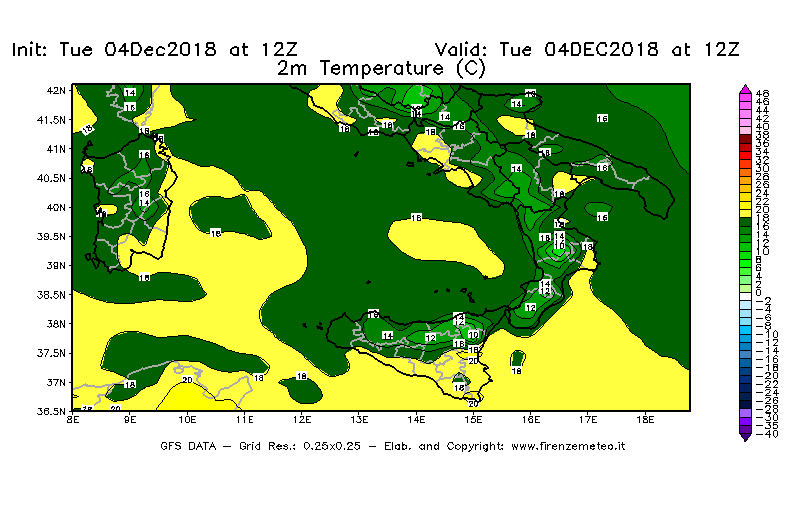 Mappa di analisi GFS - Temperatura a 2 metri dal suolo [°C] in Sud-Italia
							del 04/12/2018 12 <!--googleoff: index-->UTC<!--googleon: index-->