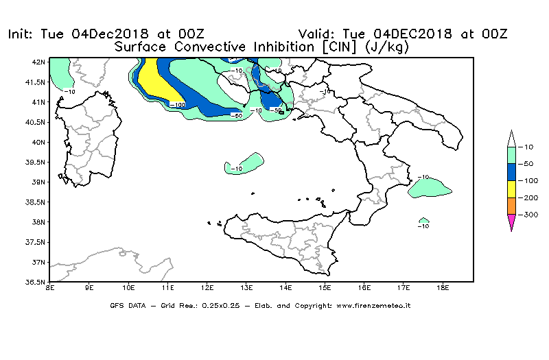 Mappa di analisi GFS - CIN [J/kg] in Sud-Italia
							del 04/12/2018 00 <!--googleoff: index-->UTC<!--googleon: index-->