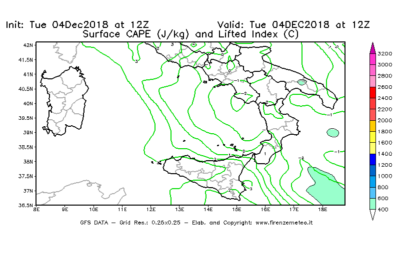 Mappa di analisi GFS - CAPE [J/kg] e Lifted Index [°C] in Sud-Italia
							del 04/12/2018 12 <!--googleoff: index-->UTC<!--googleon: index-->