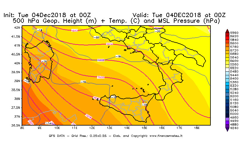 Mappa di analisi GFS - Geopotenziale [m] + Temp. [°C] a 500 hPa + Press. a livello del mare [hPa] in Sud-Italia
							del 04/12/2018 00 <!--googleoff: index-->UTC<!--googleon: index-->