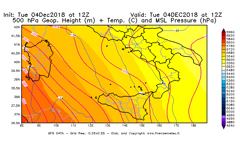 Mappa di analisi GFS - Geopotenziale [m] + Temp. [°C] a 500 hPa + Press. a livello del mare [hPa] in Sud-Italia
							del 04/12/2018 12 <!--googleoff: index-->UTC<!--googleon: index-->