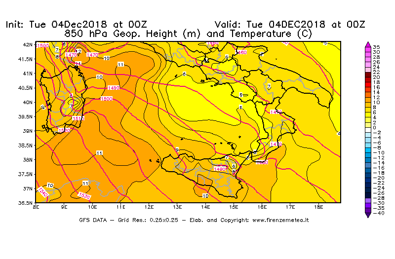 Mappa di analisi GFS - Geopotenziale [m] e Temperatura [°C] a 850 hPa in Sud-Italia
							del 04/12/2018 00 <!--googleoff: index-->UTC<!--googleon: index-->