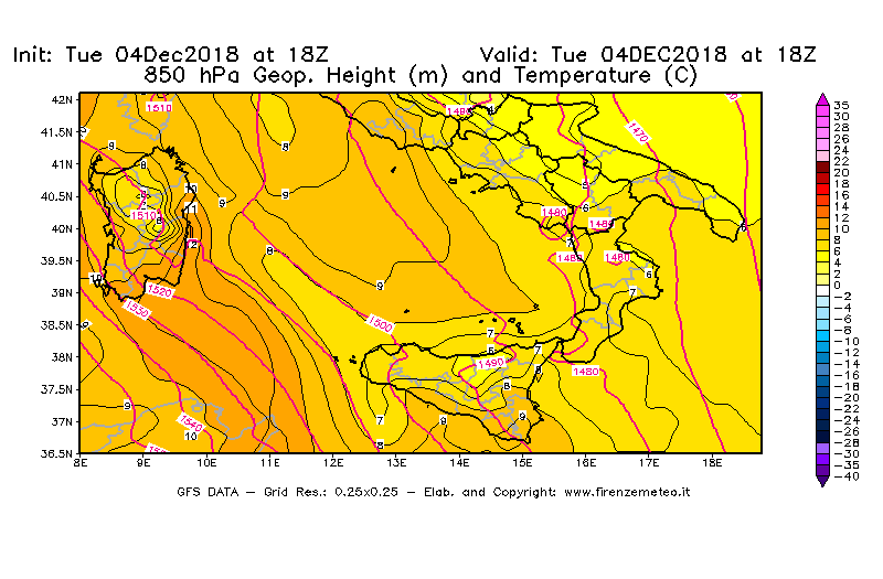 Mappa di analisi GFS - Geopotenziale [m] e Temperatura [°C] a 850 hPa in Sud-Italia
							del 04/12/2018 18 <!--googleoff: index-->UTC<!--googleon: index-->