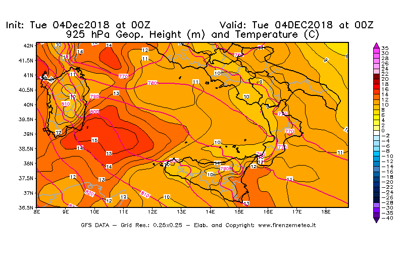 Mappa di analisi GFS - Geopotenziale [m] e Temperatura [°C] a 925 hPa in Sud-Italia
							del 04/12/2018 00 <!--googleoff: index-->UTC<!--googleon: index-->