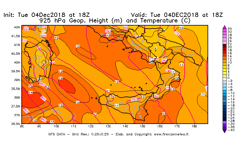 Mappa di analisi GFS - Geopotenziale [m] e Temperatura [°C] a 925 hPa in Sud-Italia
							del 04/12/2018 18 <!--googleoff: index-->UTC<!--googleon: index-->