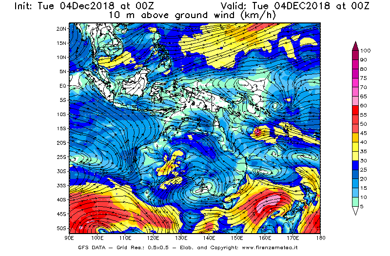 Mappa di analisi GFS - Velocità del vento a 10 metri dal suolo [km/h] in Oceania
							del 04/12/2018 00 <!--googleoff: index-->UTC<!--googleon: index-->