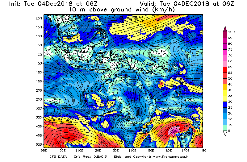 Mappa di analisi GFS - Velocità del vento a 10 metri dal suolo [km/h] in Oceania
							del 04/12/2018 06 <!--googleoff: index-->UTC<!--googleon: index-->