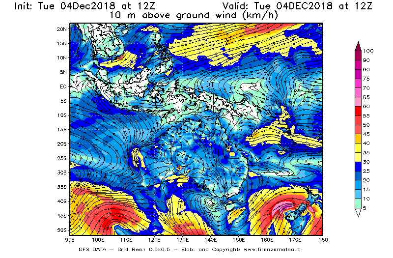 Mappa di analisi GFS - Velocità del vento a 10 metri dal suolo [km/h] in Oceania
							del 04/12/2018 12 <!--googleoff: index-->UTC<!--googleon: index-->