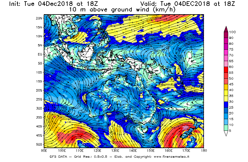 Mappa di analisi GFS - Velocità del vento a 10 metri dal suolo [km/h] in Oceania
							del 04/12/2018 18 <!--googleoff: index-->UTC<!--googleon: index-->
